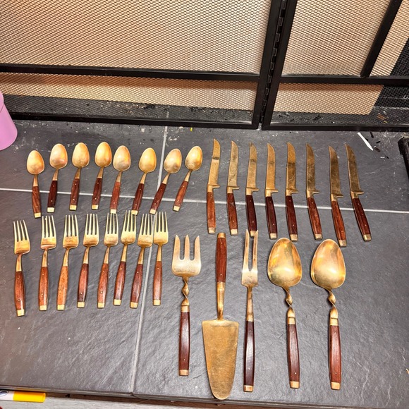 Vintage MCM Luxury Gold Tone Cutlery Rosewood Handles Serving Utensils 29pc Set